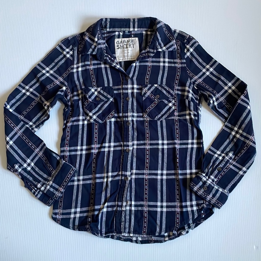 Garage shirt Blue, white & red long sleeve button down. Women’s size XS
